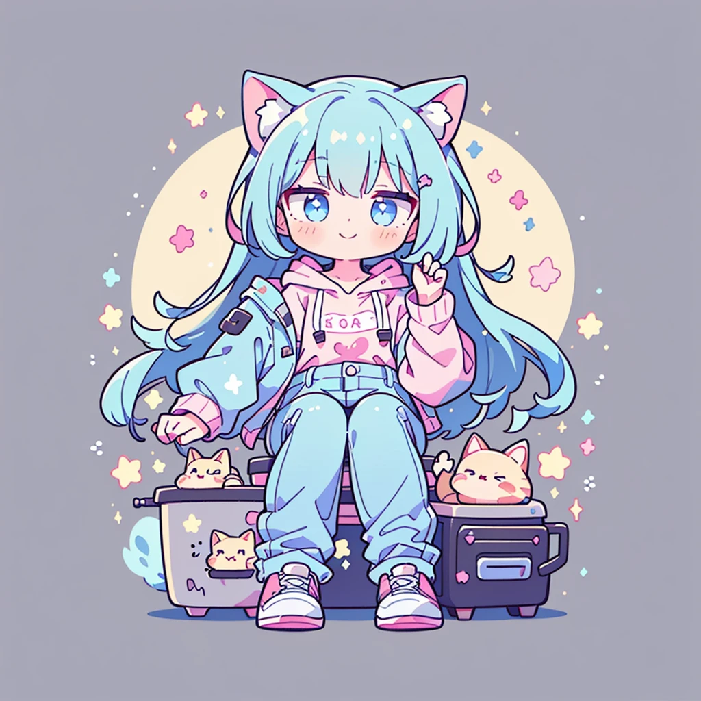 ((Highest quality,masterpiece,Extremely complex and exquisite details,A short girl with gray and blue cat ears and long hair is in the center,Gray blue super long straight hair,Curly hair at the ends,Sparse air bangs,Gray and pink T-shirt,Denim hooded cropped jacket,Black and gray long cargo pants)),(pink and white sneakers,Smile slightly,Surrounded by tons of cute short-legged cats,Correct anatomy),Super Q super cute short full body portrait,Starry sky background vertical painting space scene
