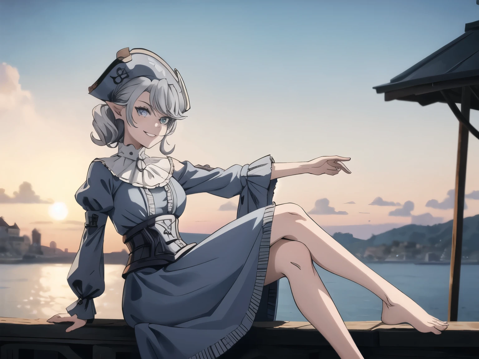 Beautiful arts wallpaper Sunset Outside castle top  High level image quality　best image quality　8K　 adult woman   on pirate ship with black seals    more colors   whole body view　portrait　  　    ears  　short hair（（shortcut）（gray hair）（perm）（fluffy））　eye color is blue ,  , 　attractive evil face , smile   ,  wering pirate dress, pirate hat    ,  labrynth   , sitting with crossed legs   , barefoot ,  side