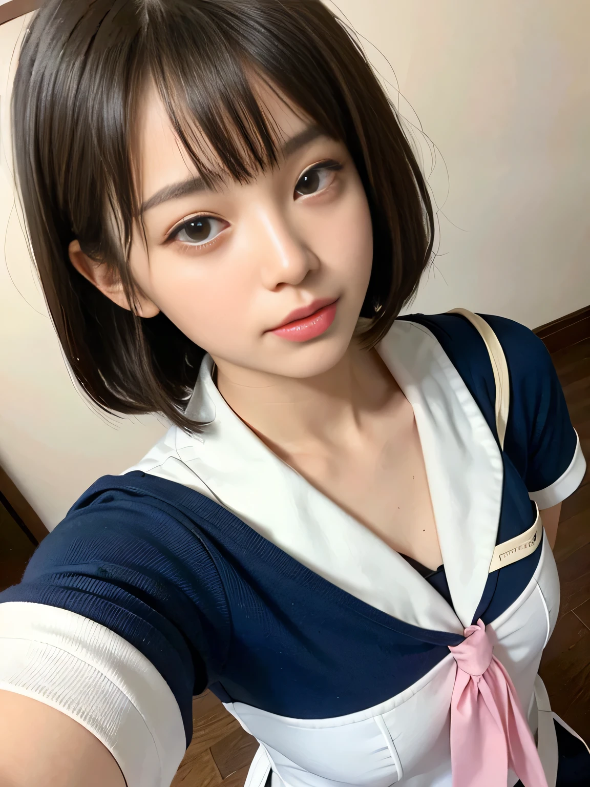 (masterpiece:1.3)、Very fine finish、(High resolution、8K:1.3)、(Highest quality)、(Ultra-realistic as a photo:1.3)、Shapely small breasts、sexly、Correct limbs、Anatomically correct, The face is in focus、(Face close-up:1.3)、 Ultra High Resolution Face、The face is in focus、Ultra high definition and beautiful eyes、Concentrated eyes、Eyes are symmetrical:1.3、High quality and beautiful skin、Firm Skin、Ultra HD Hair Texture、Japanese women、17 years old、Short Bob Cut、very cute, Half Up:1.3, high school girl、high school girl break (Short-sleeved high school girl uniform、Short-sleeved sailor suit:1.3), (Embarrassing:1.3), (blush:1.3), (Troubled expression:1.3), Mr..々Shooting angle:1.3, View your viewers, Browsing Caution, Licking fingers、Pink wall