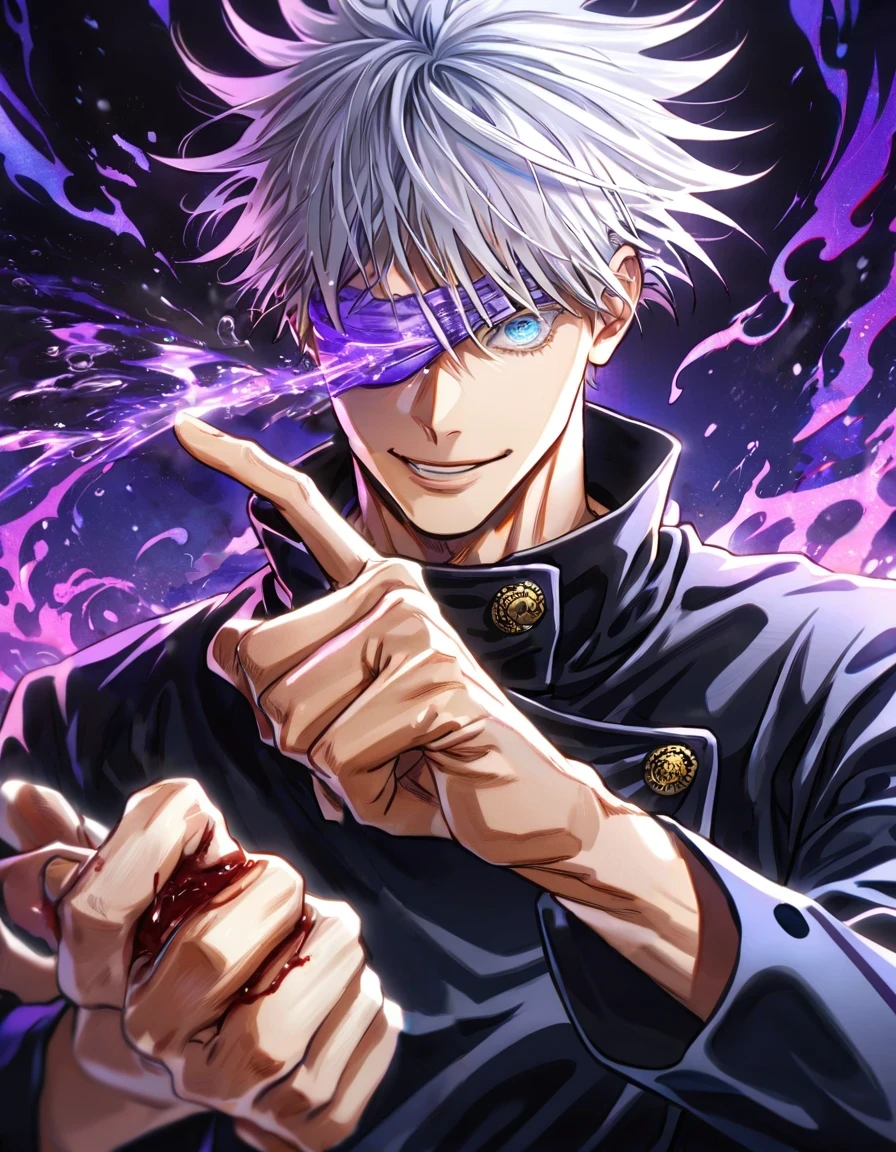 absurdres, highres, ultra detailed, HDR, master piece, Gojou Satoru, white hair, blindfolded eyes, black shirt, Jujutsu Kaisen, man, handsome, best quality, blue moon, magical, solo, water Jujutsu Kaisen uniform, handsome smile, purple aura, fight pose, dynamic positon, bloodshed background, make sure he has 5 fingers only in each hand, remove the matermark