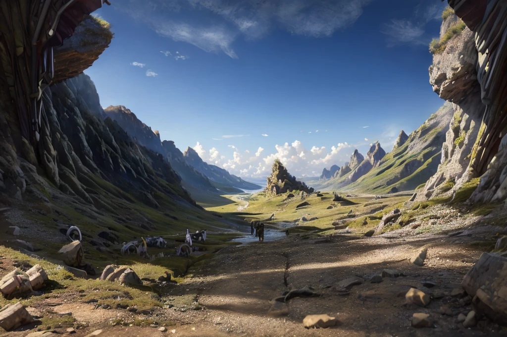 a detailed fantasy landscape, enchanted forests, majestic mountains, inspired by tolkien, in the style of john howe, ruins, ruined fortress, best quality, 4k, 8k, highres, masterpiece:1.2, ultra-detailed, realistic, photorealistic, photo-realistic:1.37, hdr, uhd, studio lighting, ultra-fine painting, sharp focus, physically-based rendering, extreme detail description, professional, vivid colors, bokeh, cinematic