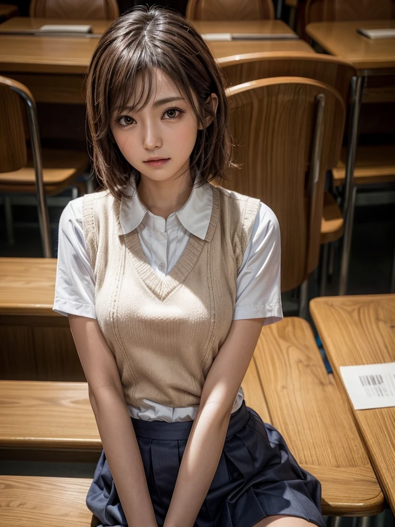 Masterpiece, Top Quality, Top Mikoto, brown eyes, short hair, small breasts, looking at viewer, alone, closed mouth, collared shirt, beige knit vest, dark blue  Skirt, school_uniform, shirt, white_shirt, classroom,Masterpiece, highest quality, 8K, detailed skin texture, fine cloth texture, beautiful detailed face, intricate details, super detailed,cute,cute posing,composition that shows the whole body,