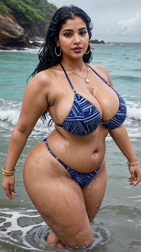 full body picture , BBW Wet curvy, wet Desi MOMMY showing her big ass in sexy sexy thong sexy pattern bikini and showing cleavage and in nose ring, many bangles in hands,earings, necklace ,lipstick ,navel,Indian, Chubby, showing her curves in sea water, sea waves , rocks