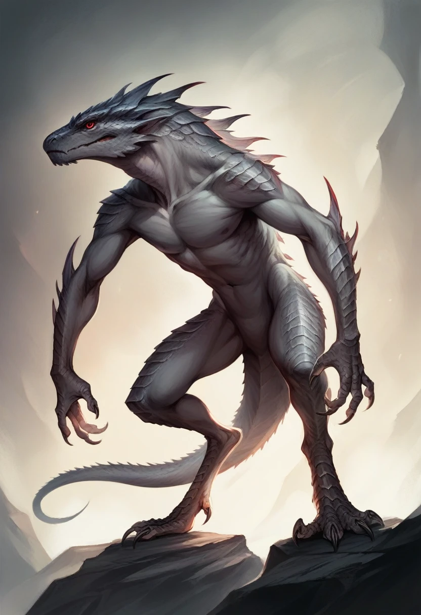 a creature with gray skin, 2 sharp blade-like claws, red eyes, scaly body, realistic, 8k, high detail, photorealistic, digital painting, concept art, dark fantasy, cinematic lighting, moody atmosphere, intricate details