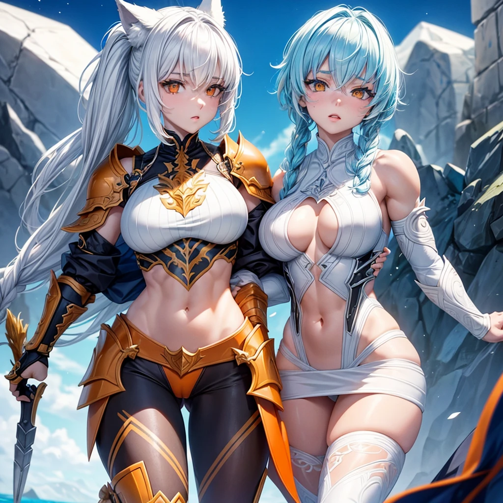 Short white hair with a braided ponytail. White wolf ears and orange eyes. Sexy, fantasy knight armor with legplates, fur on shoulders. Her body is muscular and she has strong, muscular arms and thick thighs. Wide hips. Eye colour is orange, orange iris, magic blue fire on shoulders, revealing clothing, visible abs, confident, fists, shoulder armor, moonlight