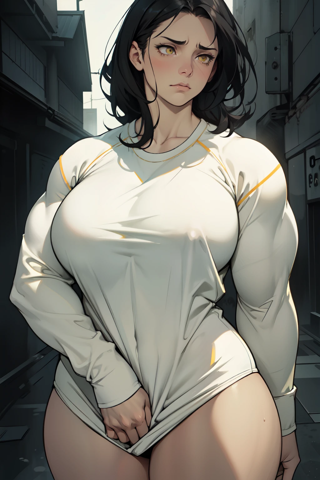 sad girl muscular muscular muscular breasts breasts breasts thick thick thick thick black hair yellow eyes pale skin pale skin thick thick thick long sleeve dark atmosphere thick thick thick thick thick thick muscular simple background sad sad sad sad tigth shirt