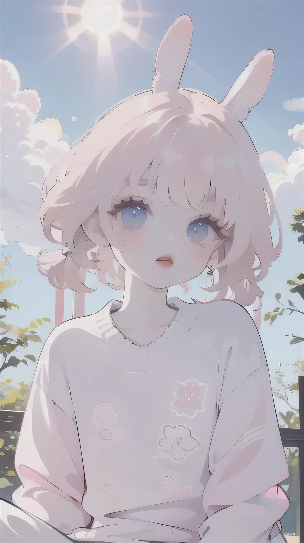 (high quality) (best quality) (a woman) (correct physiognomy) (perfect students) (perfect eyes) anime woman, deep pink, long and fluffy hair, two rabbit ears coming out of her head, blue eyes, lips sensitive, feminine appearance, soft facial features, thin eyebrows, soft skin, rosy cheeks, pink lips, silky eyelashes, dreamy expression, middle age, youthful clothing, print sweatshirt, photo illuminated by sunlight, Woman sitting on forest.