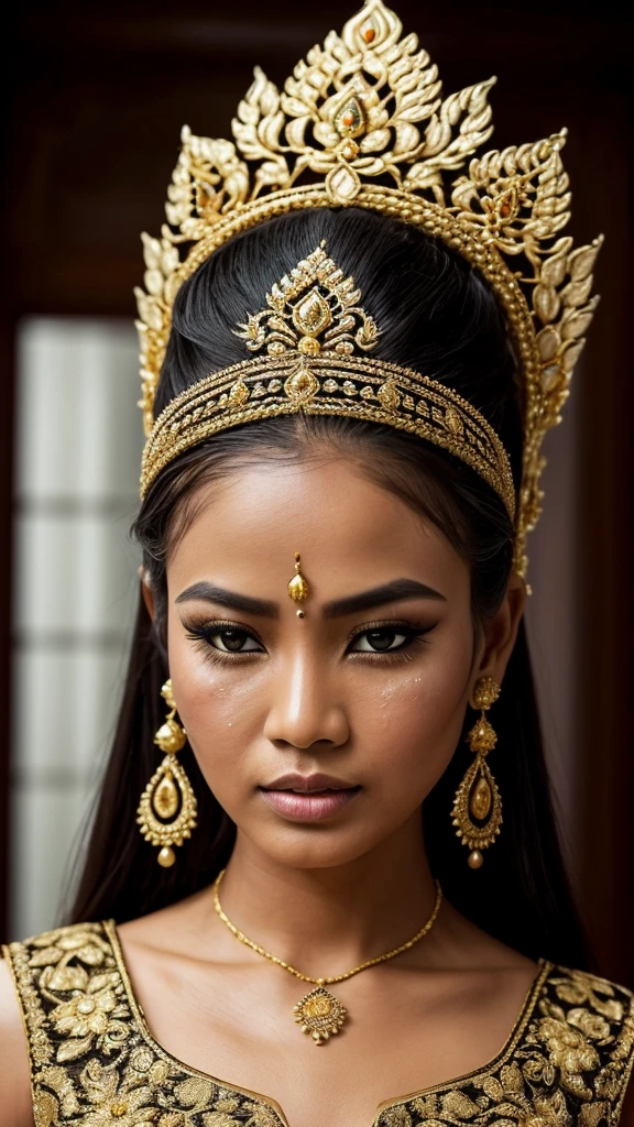 Hyperrealistic photo of a (slightly full) Javanese bride wearing a traditional Javanese bridal costume. Hair in a bun (a typical Javanese bun ukel konde) stunning and intricately designed gold crown (small) headdress, decorated with detailed dangling jasmine flower ornaments. The make-up is dramatic, with expressive dark eyes, flushed cheeks, and a slightly open mouth, giving an expression of shock or surprise (crying, furrowed eyebrows, tear-filled eyes). Women's suit in rich green brocade with gold embroidery, featuring a low neckline and detailed pattern. His shoulders and chest were wet, glistening as if standing in the rain or just coming out of the air. The dimly lit backdrop, the beautiful corridor with checkered floors, adds a dramatic and intense atmosphere to the scene.