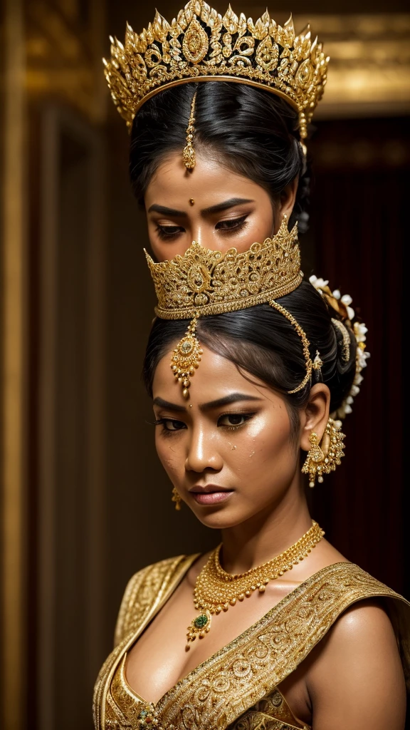 Hyperrealistic photo of a (slightly full) Javanese bride wearing a traditional Javanese bridal costume. Hair in a bun (a typical Javanese bun ukel konde) stunning and intricately designed gold crown (small) headdress, decorated with detailed dangling jasmine flower ornaments. The make-up is dramatic, with expressive dark eyes, flushed cheeks, and a slightly open mouth, giving an expression of shock or surprise (crying, furrowed eyebrows, tear-filled eyes). Women's suit in rich green brocade with gold embroidery, featuring a low neckline and detailed pattern. His shoulders and chest were wet, glistening as if standing in the rain or just coming out of the air. The dimly lit backdrop, the beautiful corridor with checkered floors, adds a dramatic and intense atmosphere to the scene.