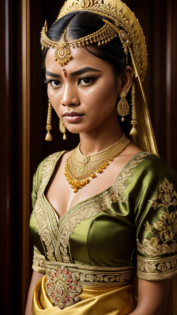 Hyperrealistic photo of a (slightly full) Javanese bride wearing a traditional Javanese bridal costume. Hair in a bun (a typical Javanese bun ukel konde) stunning and intricately designed gold crown (small) headdress, decorated with detailed dangling jasmine flower ornaments. The make-up is dramatic, with expressive dark eyes, flushed cheeks, and a slightly open mouth, giving an expression of shock or surprise (crying, furrowed eyebrows, tear-filled eyes). Women's suit in rich green brocade with gold embroidery, featuring a low neckline and detailed pattern. His shoulders and chest were wet, glistening as if standing in the rain or just coming out of the air. The dimly lit backdrop, the beautiful corridor with checkered floors, adds a dramatic and intense atmosphere to the scene.