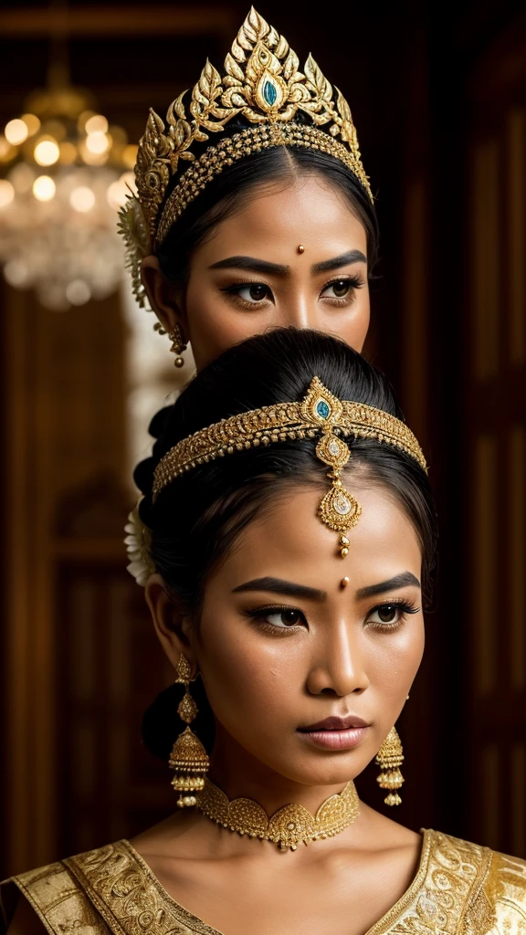 Hyperrealistic photo of a (slightly full) Javanese bride wearing a traditional Javanese bridal costume. Hair in a bun (a typical Javanese bun ukel konde) stunning and intricately designed gold crown (small) headdress, decorated with detailed dangling jasmine flower ornaments. The make-up is dramatic, with expressive dark eyes, flushed cheeks, and a slightly open mouth, giving an expression of shock or surprise (crying, furrowed eyebrows, tear-filled eyes). Women's suit in rich green brocade with gold embroidery, featuring a low neckline and detailed pattern. His shoulders and chest were wet, glistening as if standing in the rain or just coming out of the air. The dimly lit backdrop, the beautiful corridor with checkered floors, adds a dramatic and intense atmosphere to the scene.