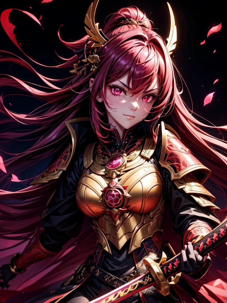 best quality,4K,high resolution),Ultradetailliert,realistisch,portrait, Lila Samurai Sukkubus mit einen katana dunkelrotem Haar, a purple-dark red armor with gold neon lights with gold trim and glowing red eyes, Leuchtende Farben, delicate features, seductive glance, Charming smile, wallende Haare, sanfte Beleuchtung