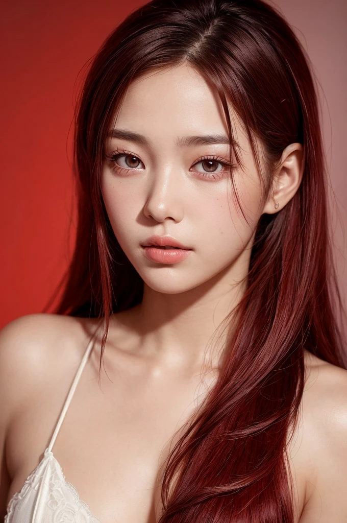 20 year old girl, sexy model, red theme, long hair, high contrast (Natural skin texture, Hyperrealism, Soft Light, sharp), portrait, standing, kpop