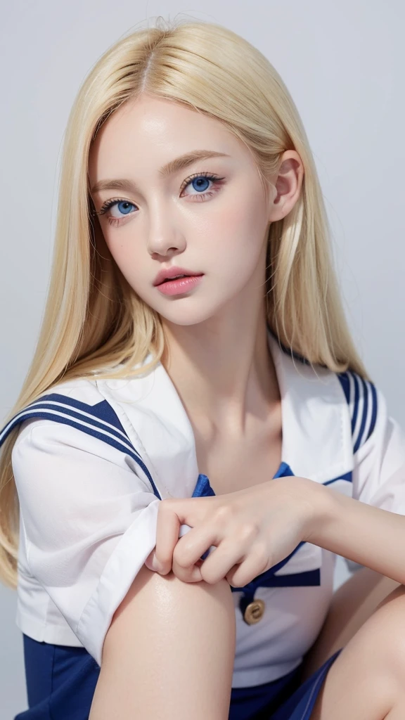 a girl with blonde hair, blue eyes and pink lips wearing a sailor suit