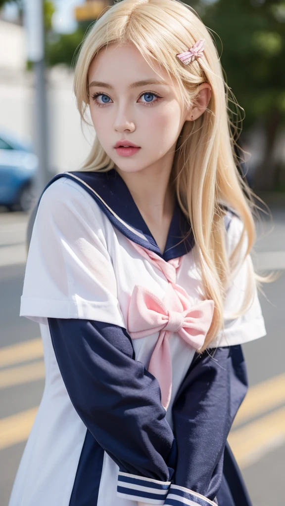 a girl with blonde hair, blue eyes and pink lips wearing a sailor suit