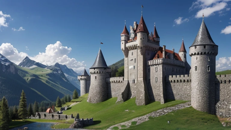 create a medieval castle made of gray stones