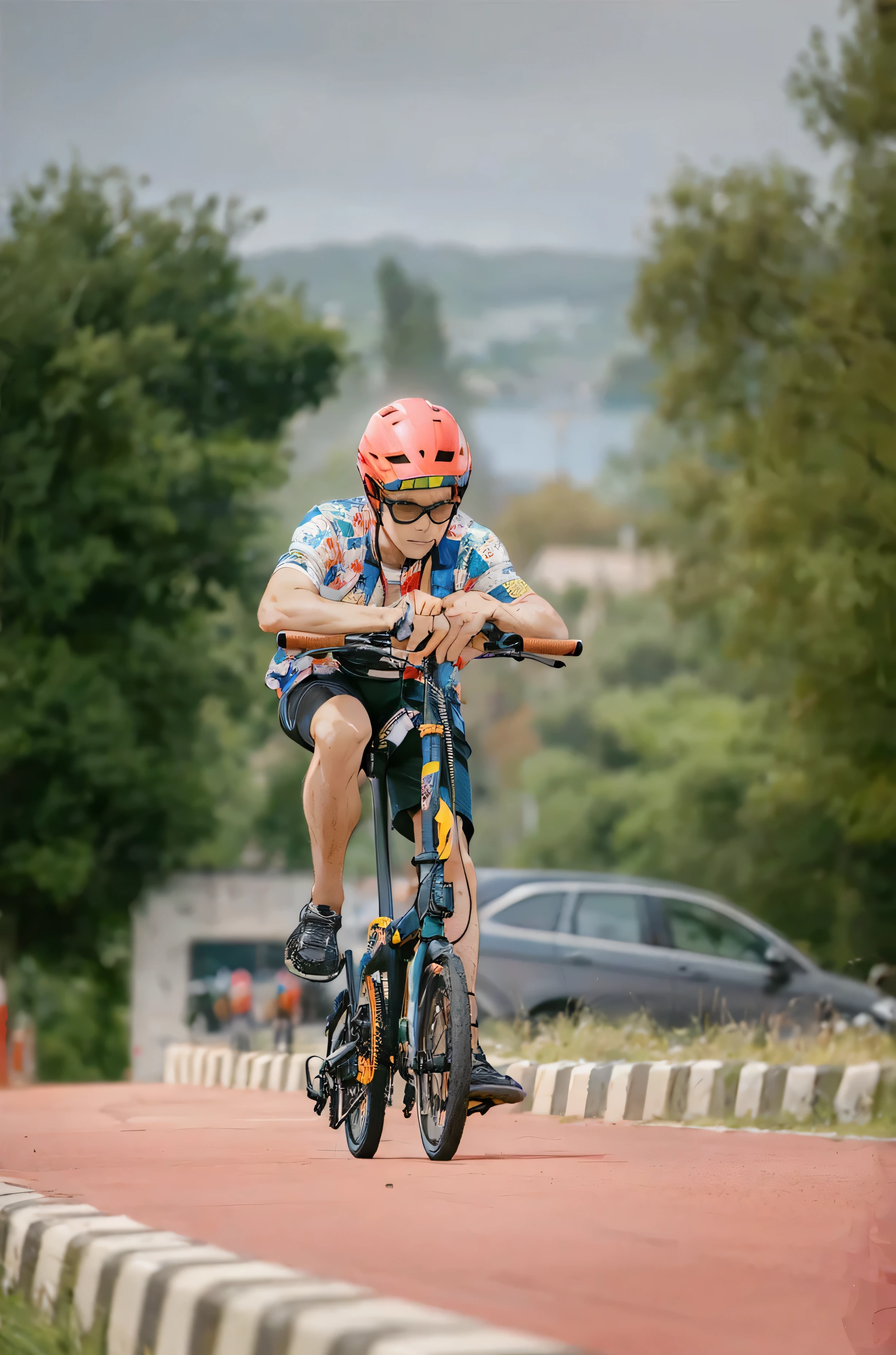 (Best quality,A high resolution,Ultra-detailed,Realistic:1.2),2024 bikers, red helmet, outfit, folding bike（promotional poster）。