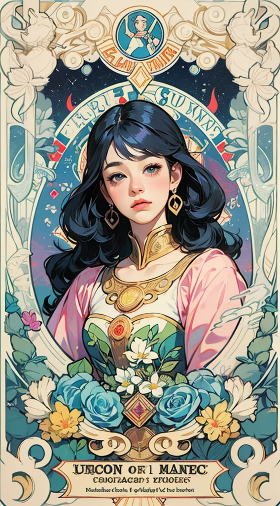 psychedelic jugendstil Artwork, Better Quality, awkwafina pastelgoth woman, Tarot, Baldo, Court concubine, Symbolism, Visual art, Occultism, universal, Vision Casting, philosophy, Iconography, Numerology, Popularity, art, Alphonse Mucha