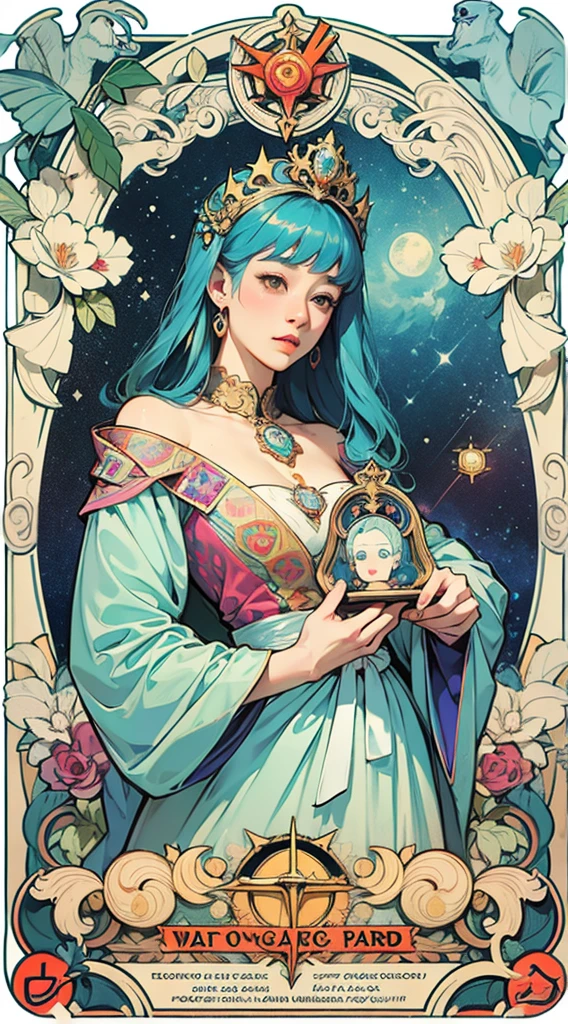 psychedelic jugendstil Artwork, Better Quality, awkwafina pastelgoth woman, Tarot, Baldo, Court concubine, Symbolism, Visual art, Occultism, universal, Vision Casting, philosophy, Iconography, Numerology, Popularity, art, Alphonse Mucha