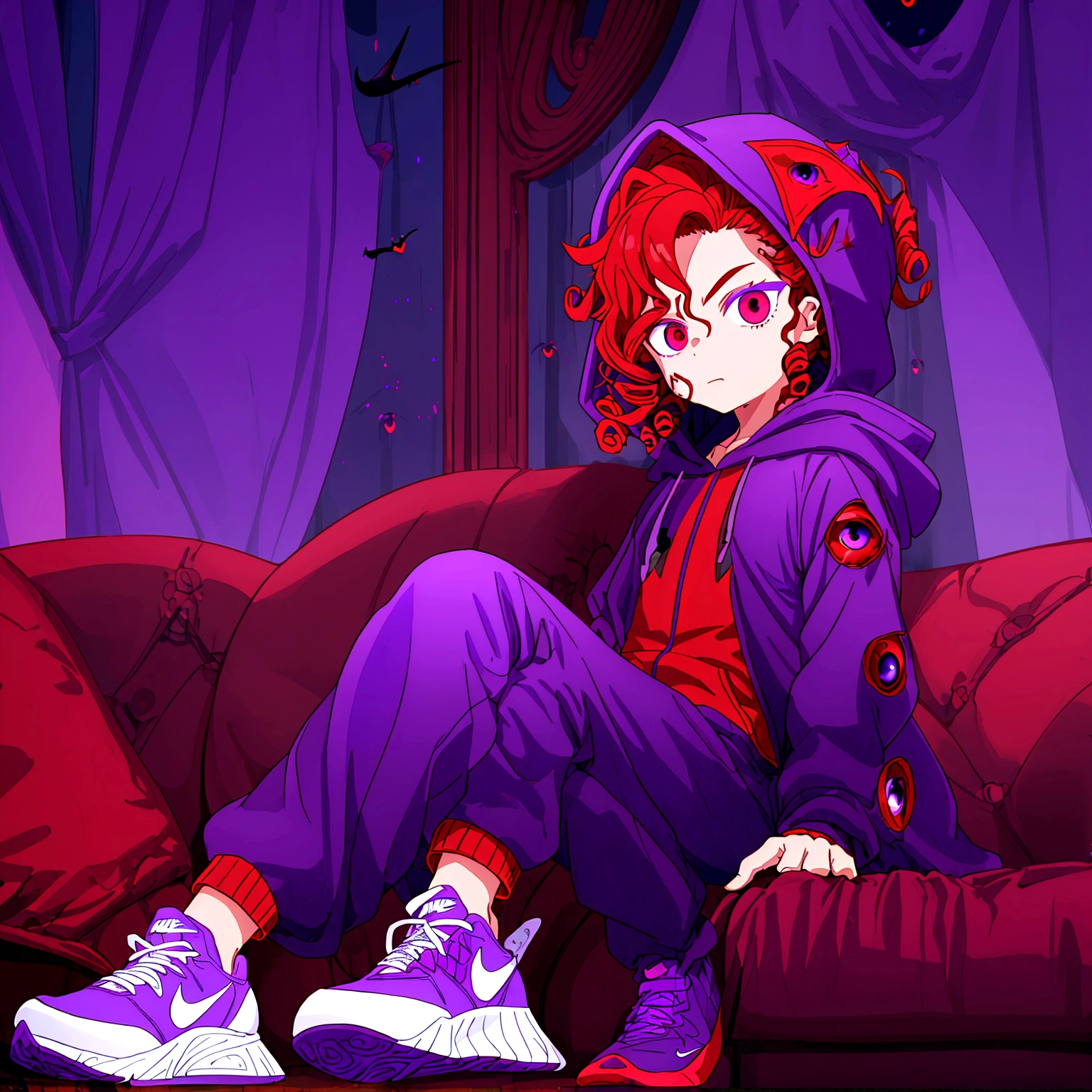 ((whole body)), ((  boy ,male gender)),(( vampire race )), ((red curly hair with a hood on her head)), ((masculine face)),((eyeballs )),((purple hooded coat )),((purple pants )),((white nike shoes)) sitting on the sofa looking out his giant window at the full moon