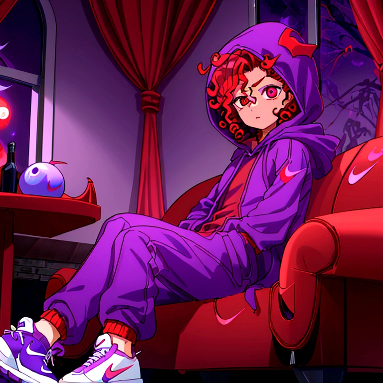 ((whole body)), (( boy ,male gender)),(( vampire race )), ((red curly hair with a hood on her head)), ((masculine face)),((eyeballs )),((purple hooded coat )),((purple pants )),((white nike shoes)) sitting on the sofa looking out his giant window at the full moon
