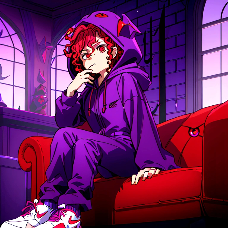 ((whole body)), ((  boy ,male gender)),(( vampire race )), ((red curly hair with a hood on her head)), ((masculine face)),((eyeballs )),((purple hooded coat )),((purple pants )),((white nike shoes)) sitting on the sofa looking out his giant window at the full moon