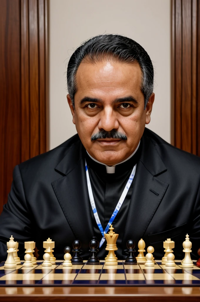 Create a chess board with a bishop with the face of the Venezuelan minister Miguel Ángel Pérez abad