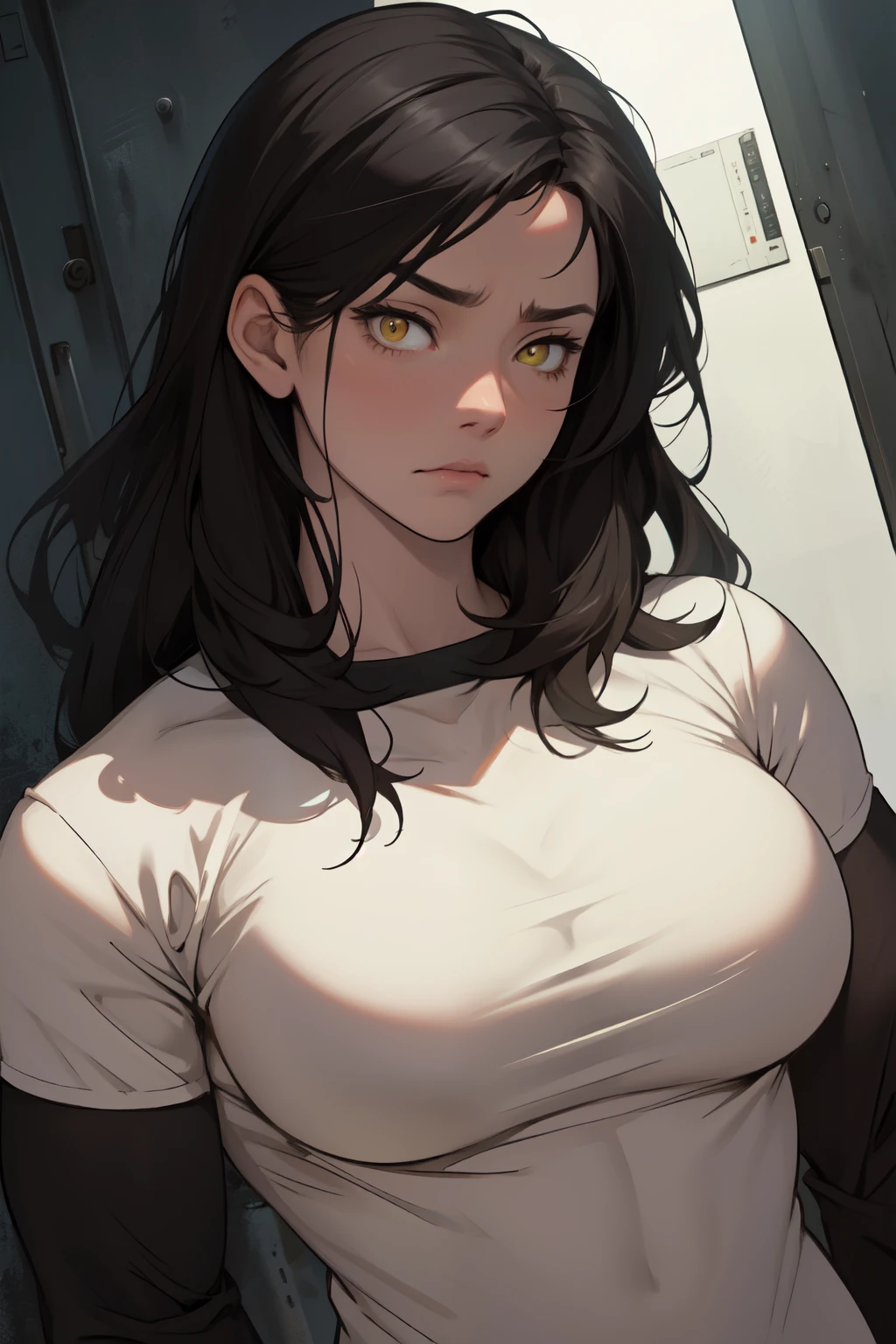 sad girl muscular muscular muscular breasts breasts breasts thick thick thick thick black hair yellow eyes pale skin pale skin thick thick thick long sleeve dark atmosphere thick thick thick thick thick thick muscular simple background sad sad sad sad tigth shirt