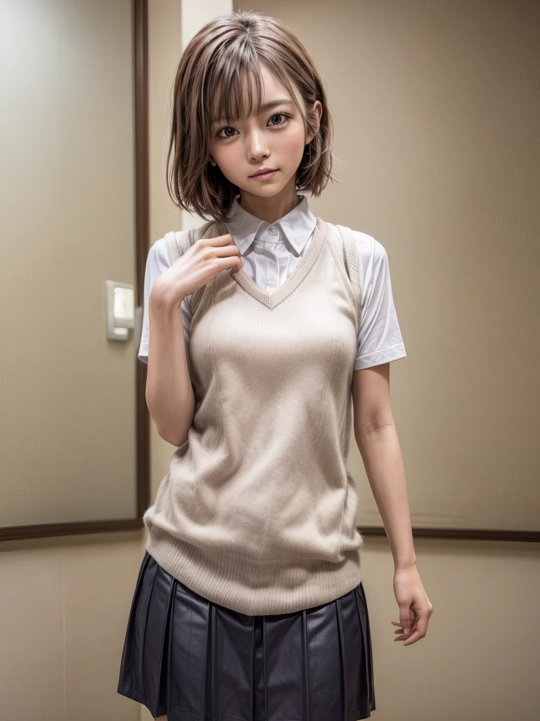 Masterpiece, Top Quality, Top Mikoto, brown eyes, short hair, small breasts, looking at viewer, alone, closed mouth, collared shirt, beige knit vest, dark blue Skirt, school_uniform, shirt, white_shirt, classroom,Masterpiece, highest quality, 8K, detailed skin texture, fine cloth texture, beautiful detailed face, intricate details, super detailed,cute,cute posing,composition that shows the whole body,