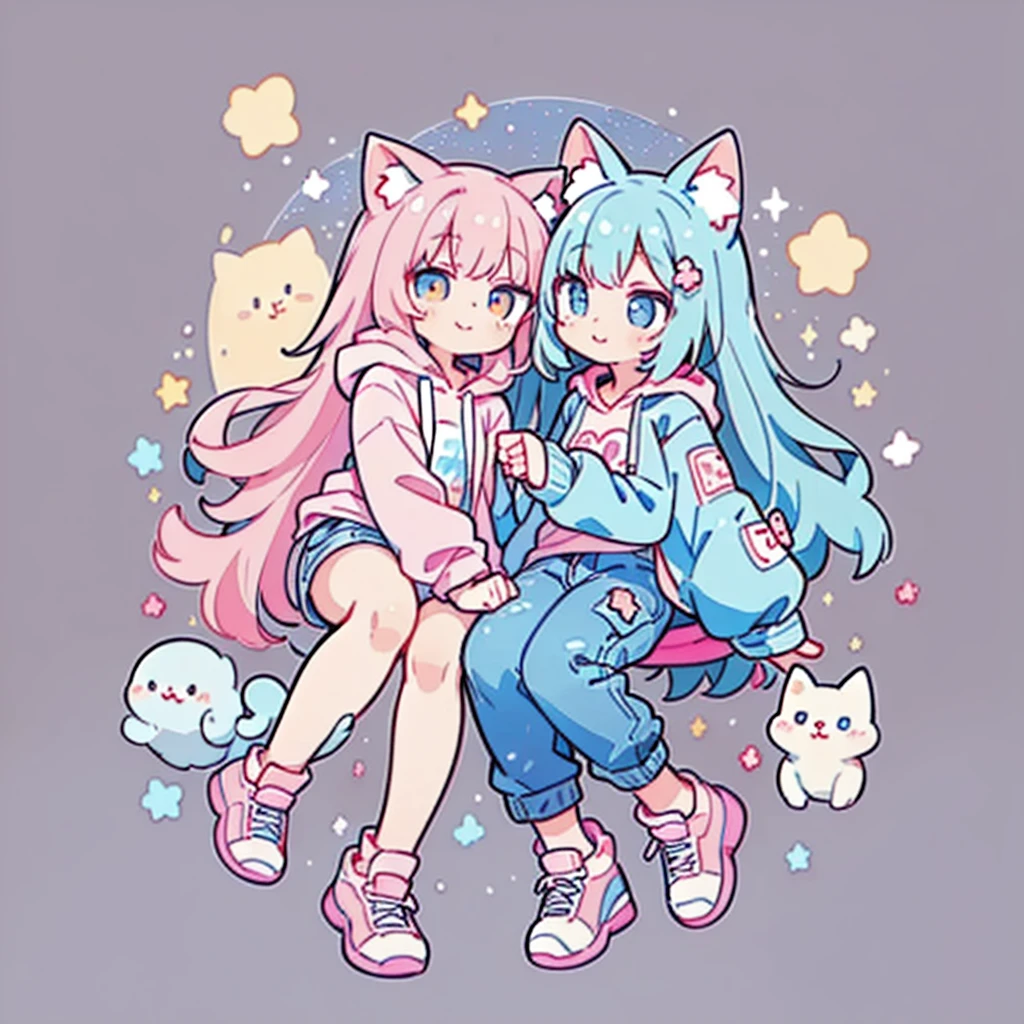 ((Highest quality,masterpiece,Extremely complex and exquisite details,A short girl with gray and blue cat ears and long hair is in the center,Gray blue super long straight hair,Curly hair at the ends,Sparse air bangs,Gray and pink T-shirt,Denim hooded cropped jacket,Black and gray long cargo pants)),(pink and white sneakers,Smile slightly,Surrounded by tons of cute short-legged cats,Correct anatomy),Super Q super cute short full body portrait,Starry sky background vertical painting space scene