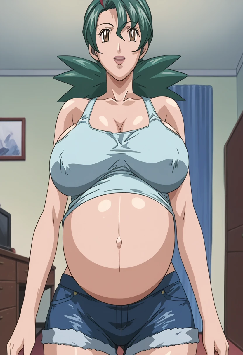 score_9, score_8_up, source_anime Bibl3, milf, jenny (pokemon), green hair, , wide , viewed from front, standing in living room, vacant smile, staring at viewer, pregnant, open mouth, looking at viewer, empty eyes, multicolor tank top, exposed pregnant belly, denim shorts, full lips, vivid lips, detailed eyes, detailed face, pretty woman, morning