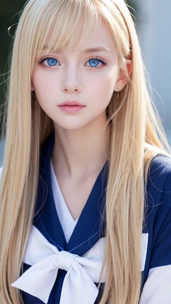 a girl with blonde hair, blue eyes and pink lips wearing a sailor suit