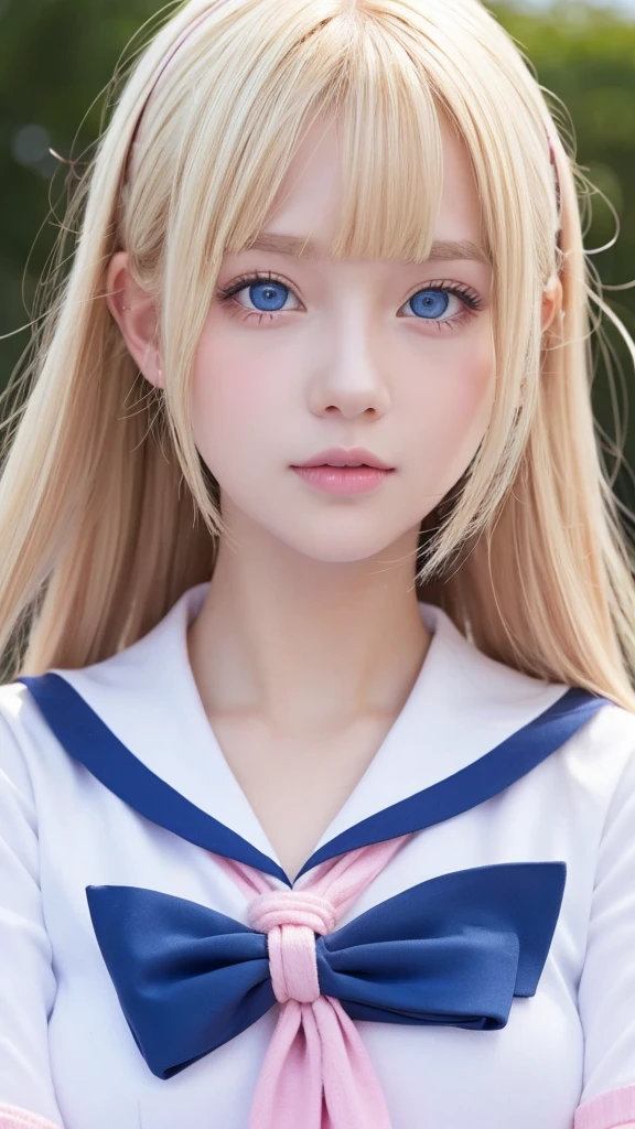 a girl with blonde hair, blue eyes and pink lips wearing a sailor suit