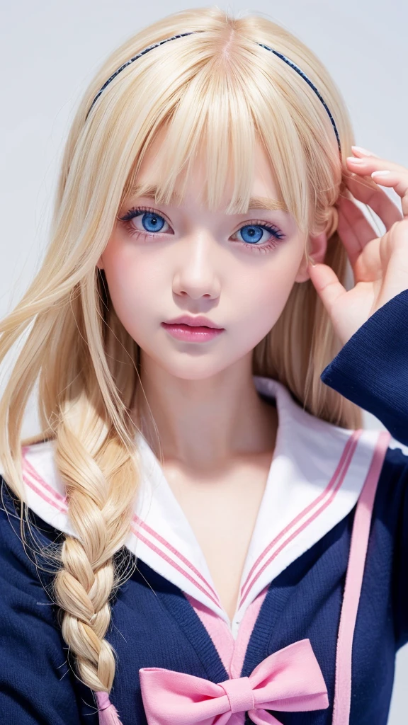 a girl with blonde hair, blue eyes and pink lips wearing a sailor suit