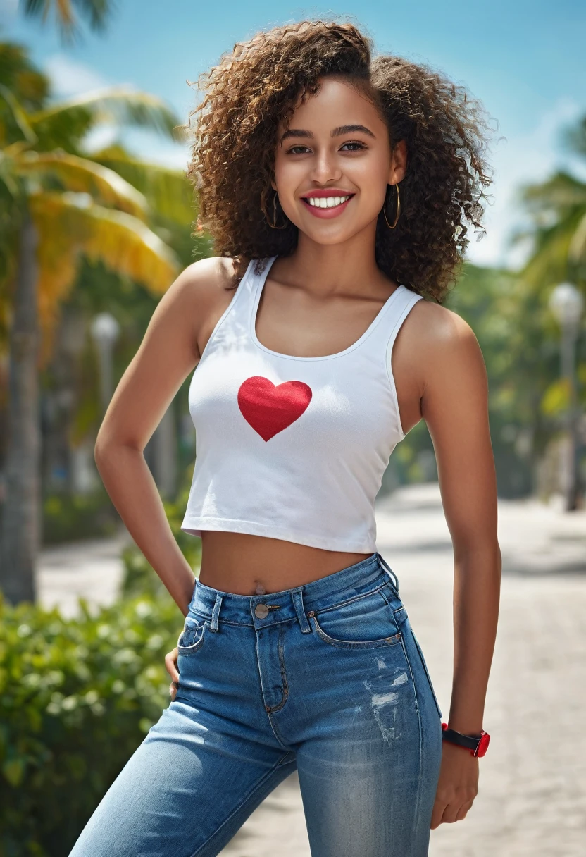 8k, a beautiful mixed caribbean girl, extremely detailed full body, beautiful detailed eyes, beautiful detailed lips, smile, beautifull chest and butt, extremely detailed hands and face, Heart with the hands fit girl, Red tank top, Wide blue jeans, Nike white air sneaker, vibrant colors, natural lighting, (best quality,4k,8k,highres,masterpiece:1.2),ultra-detailed,(realistic,photorealistic,photo-realistic:1.37),portrait,landscape