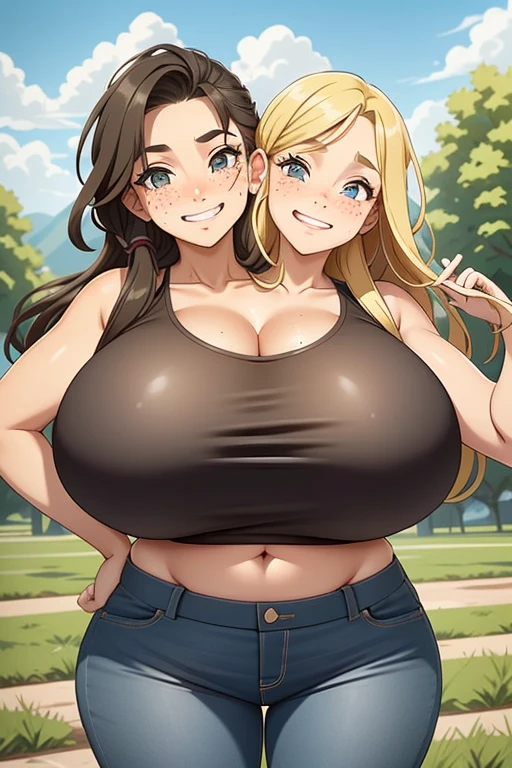 2heads, a very short chubby woman with 2 heads. She has enormous breasts. She is outside on a farm on a sunny day. She is wearing a torn plaid pattern crop top. She is wearing jeans shorts. She has long blonde hair. She has massive breasts. She has a lot of freckles. Her breasts have freckles. She is smiling wide. She has a gap between her two front teeth her teeth. She has enormous breasts. She looks very happy. She looks young. She looks like a hillbilly with a gap in her teeth and freckles. She has enormous breasts. She has big perky breasts and looks young. She is missing one of her front teeth.