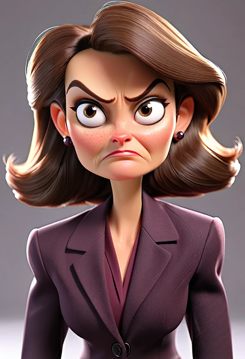 A middle-aged European woman in a modern business suit, depicted with an indignant expression on her face from front to back. Professional color correction with soft shadows, professional studio lighting.