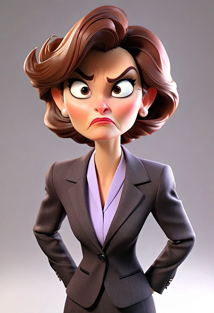 A middle-aged European woman in a modern business suit, depicted with an indignant expression on her face from front to back. Professional color correction with soft shadows, professional studio lighting.