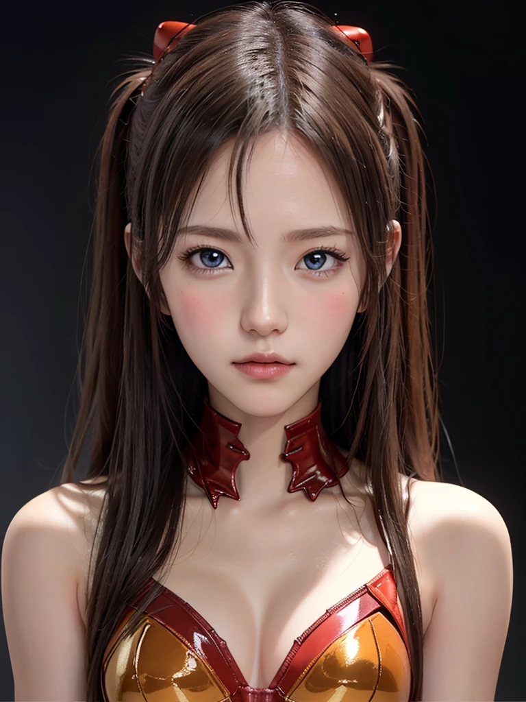 ((Best quality)), ((Masterpiece)), (Details: 1.4), 3D, Asuka Langley Soryu, Asuka, high resolution (high dynamic range), ray tracing, NVIDIA, super resolution, Unreal 5, subsurface scattering ,PBR texturing, post-processing, anisotropic filtering, depth of field, maximum sharpness and sharpness, multi-layered textures, albedo and specular maps, surface shading, accurate simulation of light and matter interaction, perfect proportions ,Octane Rendering,Two-Tone Lighting,Wide Aperture,Low ISO,White Balance,Rule of Thirds,8K RAW,(Masterpiece: 1.4, Best Quality), (Intricate Details), Unity8k Wallpaper, Highly Detailed, Beautiful and Mysterious, Details background, realistic, alone, perfectly detailed face, detailed blue eyes, highly detailed, blush, hair ornament, chignon mahogany hair, (blonde), plug suit 02, Shikinami Asuka Langley, Evangelion, Slender , full body suit, black background, above the waist,composition that shows the whole body,