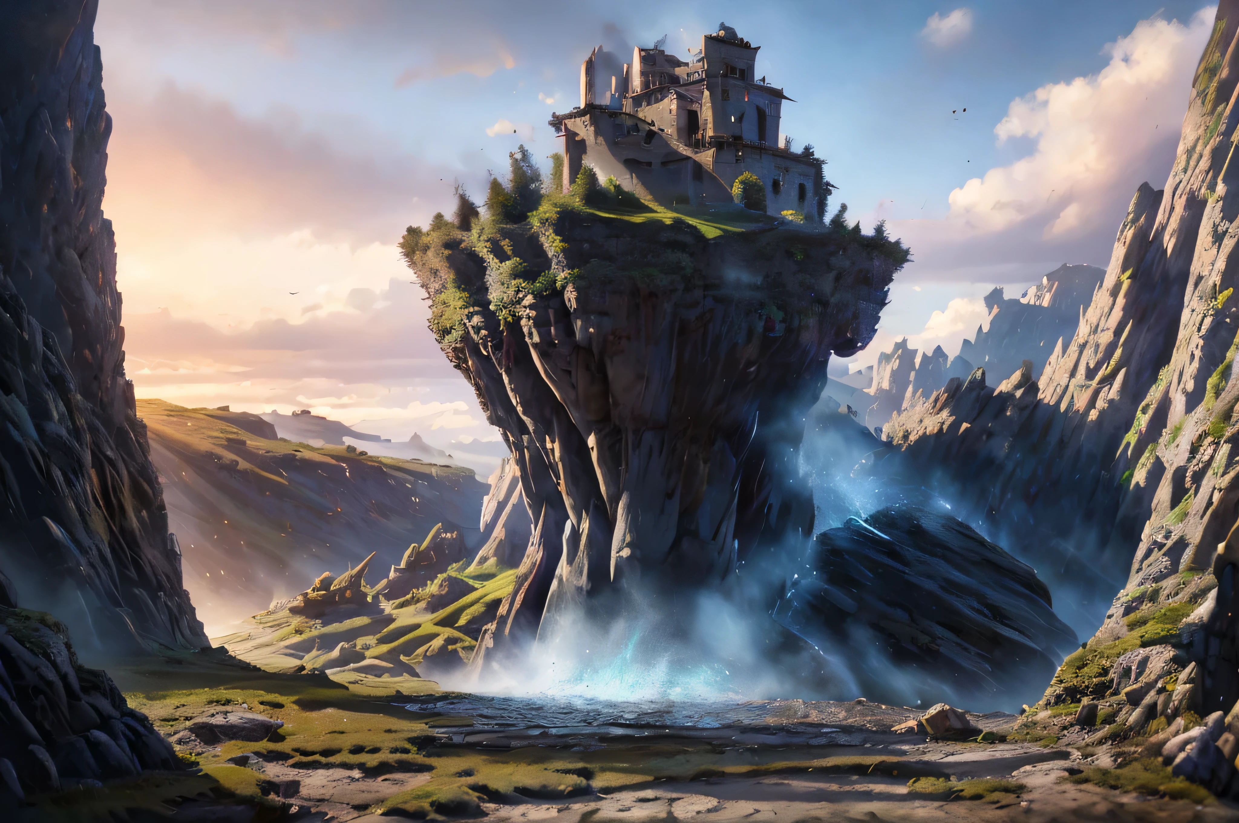 a detailed fantasy landscape, enchanted forests, majestic mountains, inspired by tolkien, in the style of john howe, ruins, ruined fortress, best quality, 4k, 8k, highres, masterpiece:1.2, ultra-detailed, realistic, photorealistic, photo-realistic:1.37, hdr, uhd, studio lighting, ultra-fine painting, sharp focus, physically-based rendering, extreme detail description, professional, vivid colors, bokeh, cinematic