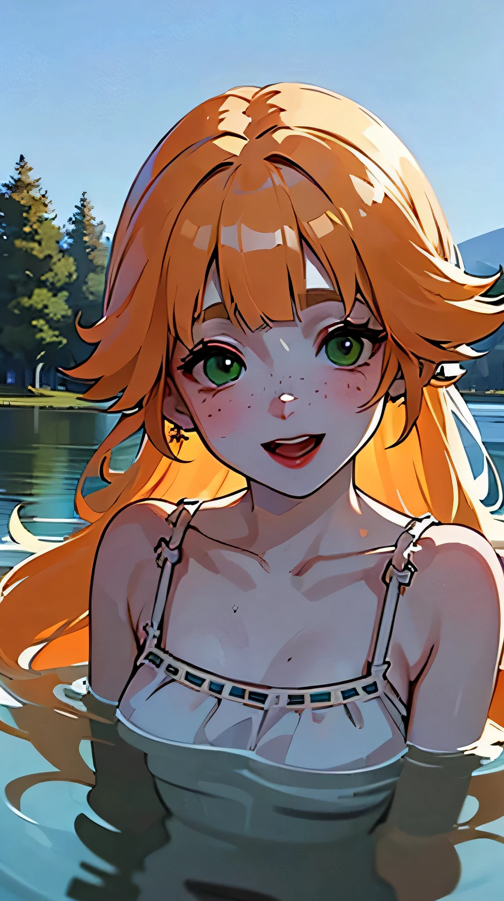 ((Best Quality)), ((Masterpiece)), (detailed), 1 girl, White woman, Big, bright green eyes, freckles on his face, long straight orange hair with red gradient down, orange bangs on the forehead, in a pond of water in the middle of nature, cute anime animation style