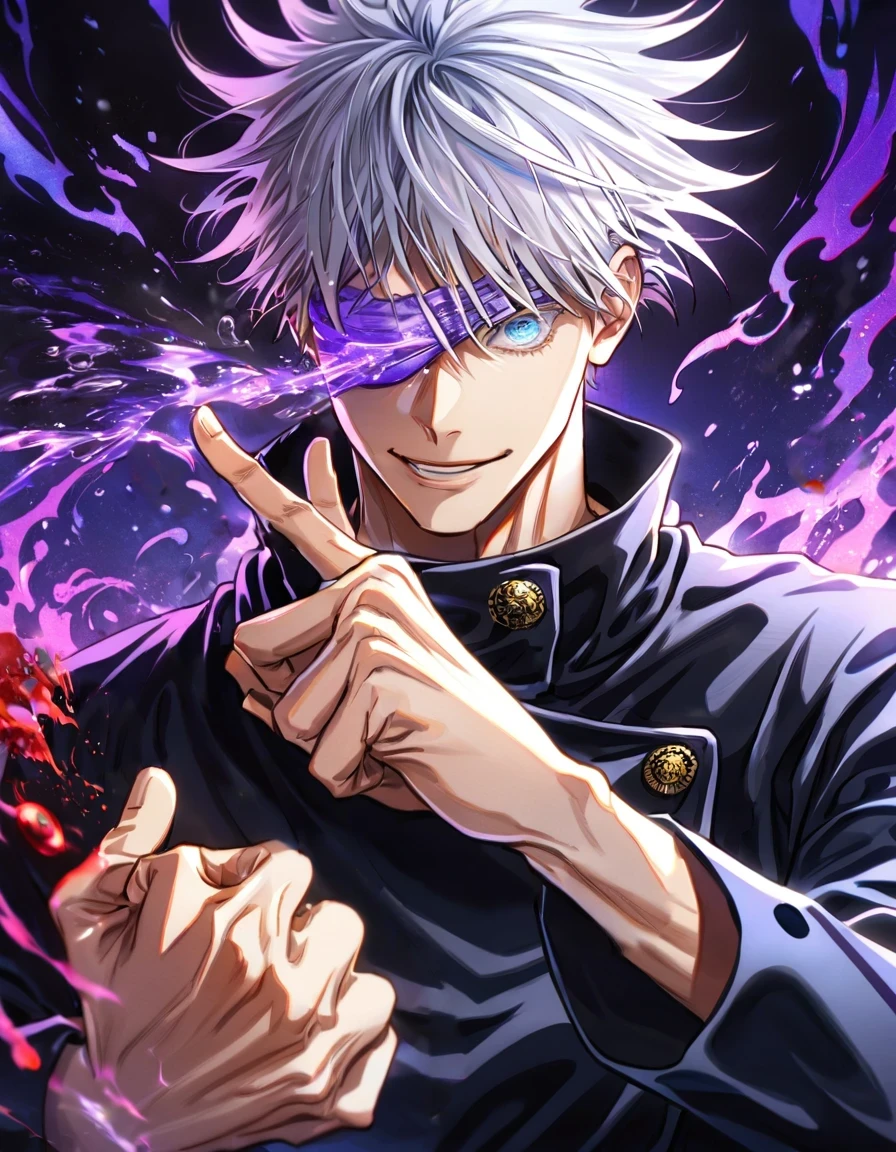 absurdres, highres, ultra detailed, HDR, master piece, Gojou Satoru, white hair, blindfolded eyes, black shirt, Jujutsu Kaisen, man, handsome, best quality, blue moon, magical, solo, water Jujutsu Kaisen uniform, handsome smile, purple aura, fight pose, dynamic positon, bloodshed background, make sure he has 5 fingers only, remove the watermark