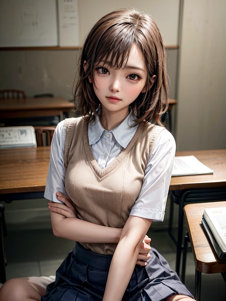 Masterpiece, Top Quality, Top Mikoto, brown eyes, short hair, small breasts, looking at viewer, alone, closed mouth, collared shirt, beige knit vest, dark blue  Skirt, school_uniform, shirt, white_shirt, classroom,Masterpiece, highest quality, 8K, detailed skin texture, fine cloth texture, beautiful detailed face, intricate details, super detailed,cute,cute posing,composition that shows the whole body,