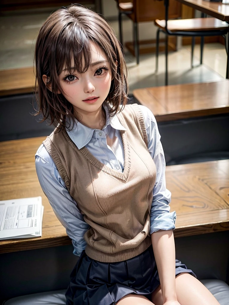 Masterpiece, Top Quality, Top Mikoto, brown eyes, short hair, small breasts, looking at viewer, alone, closed mouth, collared shirt, beige knit vest, dark blue  Skirt, school_uniform, shirt, white_shirt, classroom,Masterpiece, highest quality, 8K, detailed skin texture, fine cloth texture, beautiful detailed face, intricate details, super detailed,cute,cute posing,composition that shows the whole body,