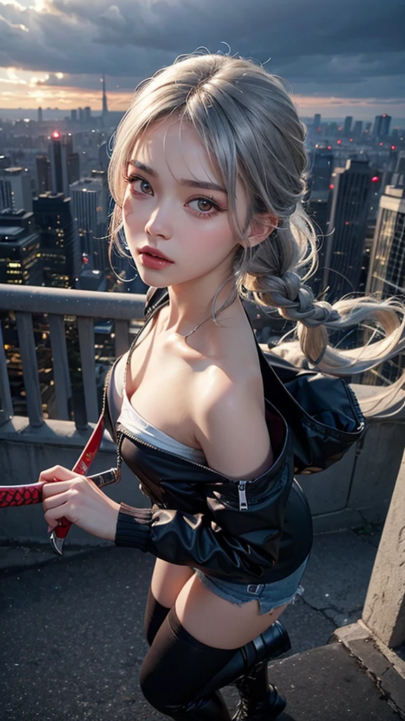 20-year-old woman, Silver Hair, (High Top Fade:1.3), Dark Theme, Calm tone, Calm colors, High Contrast, (Natural skin texture, Hyperrealism, Soft Light, sharp)Highest Quality ,Girl jumping up and holding a Japanese sword, camera angle from directly above, looking up at the camera for a bit, with the cityscape in the background looking down at the city from above,Extreme high angle, looking at the camera, girl, slim, small face, big eyes, double eyelids, long eyelashes, eyeshadow, black eyes, small nose, lip gloss, braid, silver hair, angry face, off-the-shoulder, windbreaker, shorts, boots, cityscape, stormy
