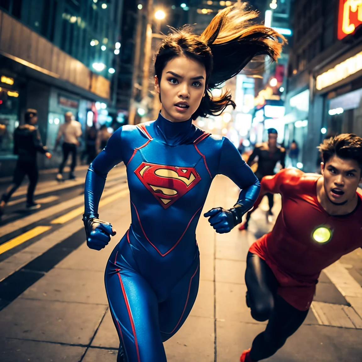 superhero cat woman is running scared while holding men's underwear, behind him a young man from the Philippines was chasing him with a rope, traditional market background.
