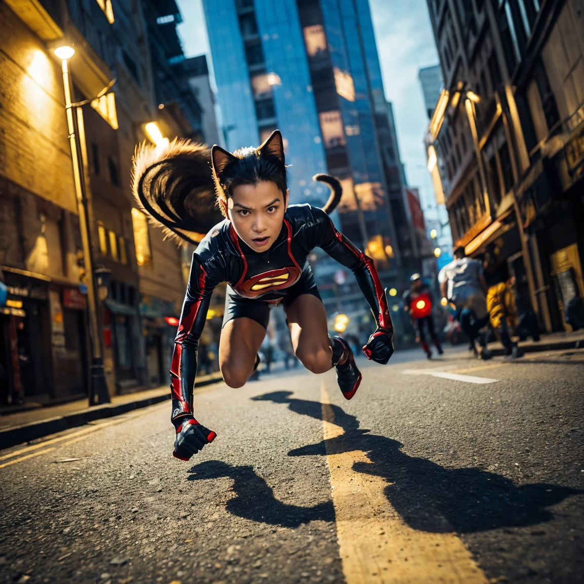 superhero cat woman is running scared while holding men&#39;s underwear, behind him a young man from the Philippines was chasing him with a rope, traditional market background.