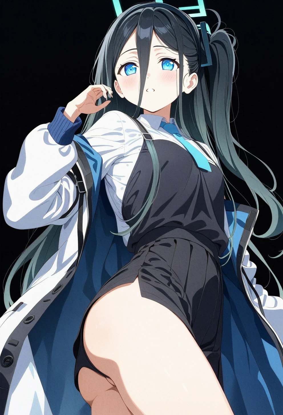 best quality, amazing quality, very aesthetic, absurdres, (1girl, aris, blue archive, solo, blue eyes), (realistic face:0.9),(clothing cutout:1.8), ( blush, thigh:1.3), (cowboy shot), (glowing eyes), (half closed eyes:0.9), (ass), (official art:1.3), (pool), expressive eyes, perfect face, extremely detailed eyes, perfect anatomy, smooth skin, (black background:1.5), clear eyes, beautiful face, small breasts, (anime style:1.7), (Warm Light:1.5), (highres:2), (Chiaroscuro), watercolor