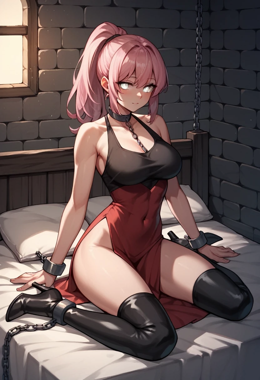 check_9, check_8_up, check_7_up, check_6_up, check_5_up, check_4_up, source_Anime, 1 girl,Bed, pink hair, ponytail, white eyes, language, WW chain, shackles, black shirt, Red dress, sexy pose, black thigh-high boots, heels, night, dungeon, Best quality, better resolution, 4k uhd,