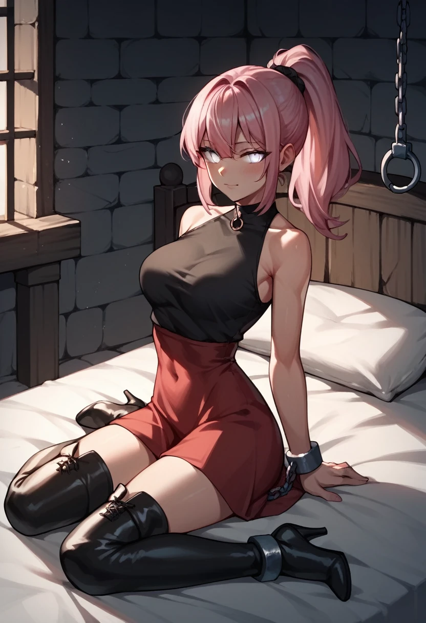 check_9, check_8_up, check_7_up, check_6_up, check_5_up, check_4_up, source_Anime, 1 girl,Bed, pink hair, ponytail, white eyes, language, WW chain, shackles, black shirt, Red dress, y pose, black thigh-high boots, heels, night, dungeon, Best quality, better resolution, 4k uhd,